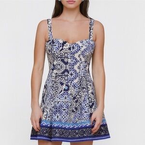 Avec Les Filles Sweetheart Neck Cotton Mini Sundress In Blue and White size 8